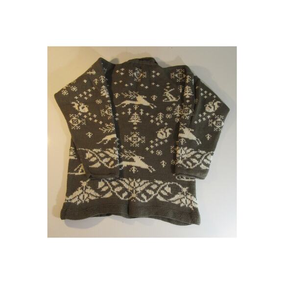 Nomadic Traders Christmas Deer Snow Trees Sweater 100% Wool Olive White Women L - Picture 3 of 7